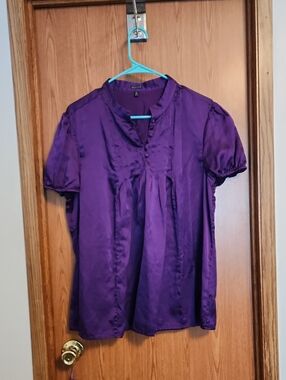 Ladies Madison Purple Satin Short Puff Sleeve Blouse